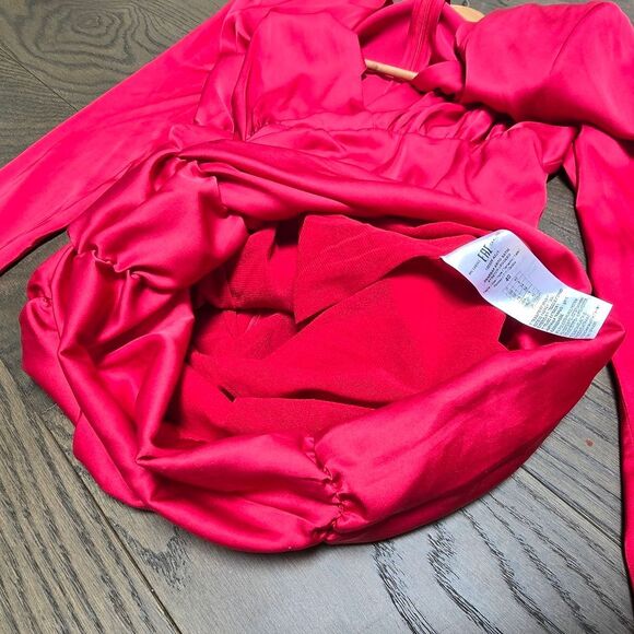 Pinko Zanzibar Satin Ruched Long Sleeve Party Cocktail Mini Dress in Red - Picture 14 of 14